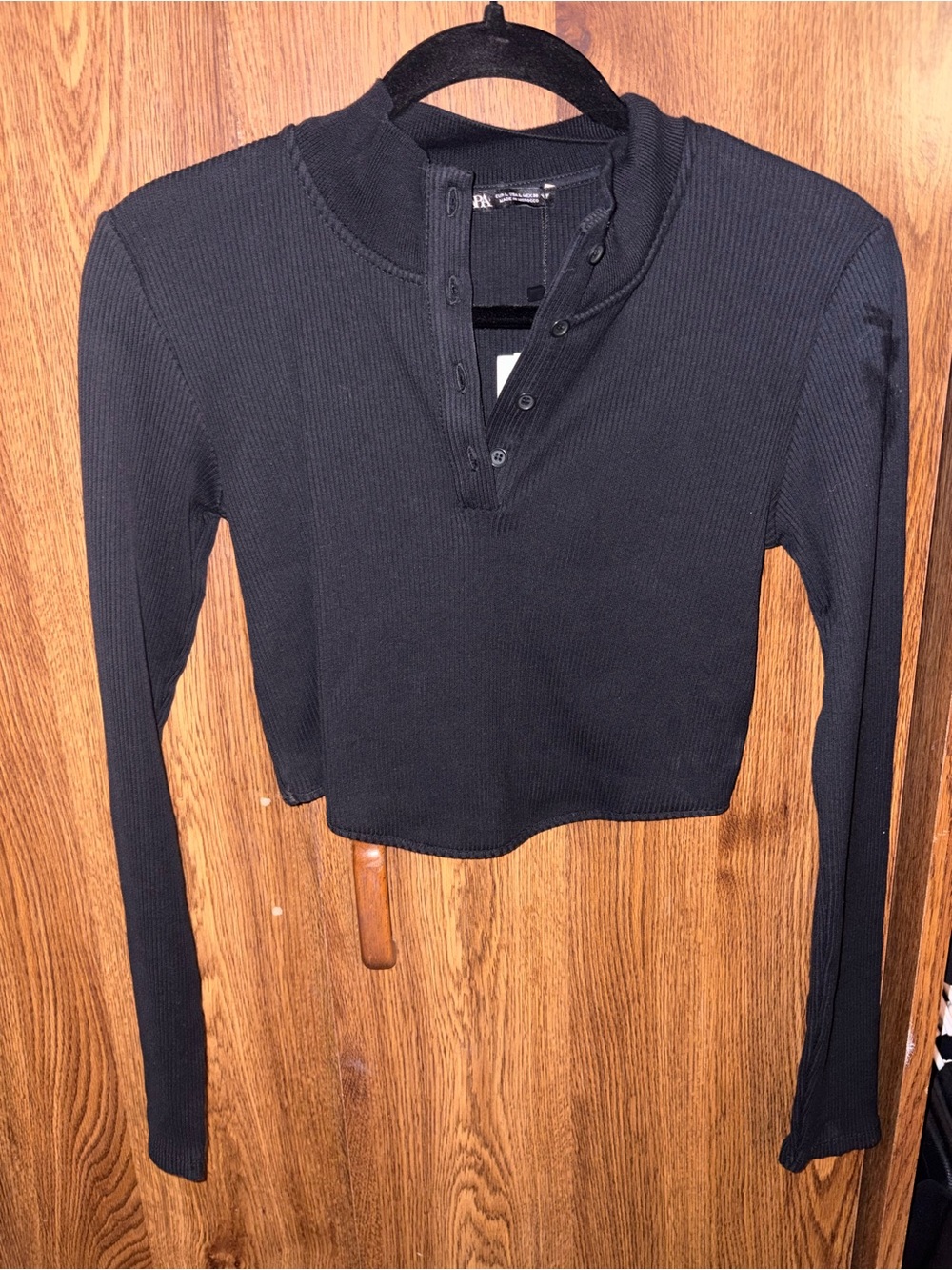 Zara Black Ribbed Cropped Henley Long-Sleeve Top